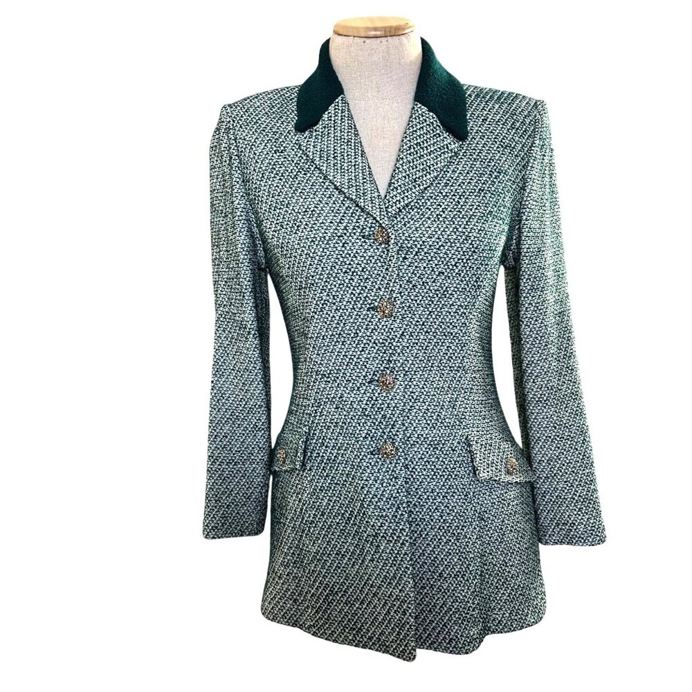 St. John Womens Sz 2 Green Knit Textured Blazer Jacket Gold Trim Buttons